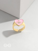 Eye Heart You - Pink Enamelled Golden Ring (Adjustable)