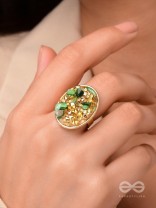 Sparkles & Stones  - Golden Embellished Ring (Green) (Adjustable)