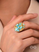 Sparkles & Stones  - Golden Embellished Ring (Blue) (Adjustable)