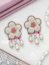 ABHRAPUSPA - THE CLOUDY FLOWER- STONES, BEADS AND PEARL DROPS HAND EMBROIDERED EARRINGS