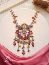 Ucchvasita - The Royal Bloom - Stones, Mirror And Beads Hand Embroidered Oxidized Neckpiece