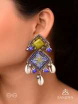 Dvikarani - The Sea Sky - Stone, Shells And Beads Enamelled Hand Embroidered Oxidised Earrings