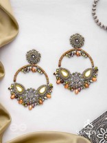 Haarin- The Divine Deer- Resham, Mirror And Glass Drops Hand Embroidered Oxidised Earrings