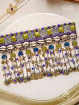 Bhumimaye - The Earthy Cadence - Shells, Beads And Coins Enamelled Hand Embroidered Oxidised Choker Neckpiece