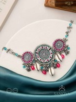 Akratu- The Wheels Of Liberty- Shells, Beads And Glass Drops Hand Embroidered Oxidised Choker Neckpiece