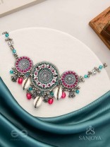 Akratu- The Wheels Of Liberty- Shells, Beads And Glass Drops Hand Embroidered Oxidised Choker Neckpiece