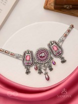 Jagatparayan - The Fuchsia Galaxy- Stones, Beads And Glass Drops Hand Embroidered Choker Neckpiece