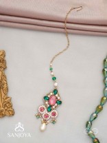 Tamravarna - The Paradise Petals - Stone, Beads And Pearls Hand Embroidered Maangtika