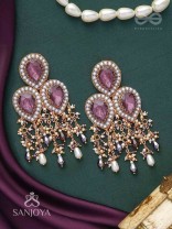 Anukrus - The Rosy Rain - Stone And Beads Hand Embroidered Earrings
