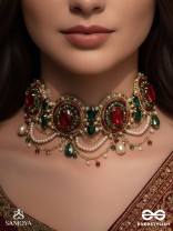 Upakarana - Royal Ruby Rainfall - Stone, Beads And Glass Drops Hand Embroidered  Choker Neckpiece