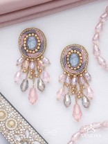 Ahraya - The Pink Fog - Stone, Beads And Glass Drop Hand Embroidered Earrings