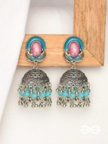 The Blushing Clouds - Statement Embellished And Enamelled Oxidised Jhumka Earrings
