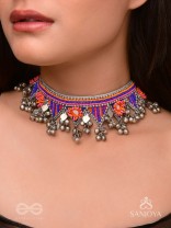 Sunarda - Amber Horizon - Mirror And Beads Hand Embroidered Oxidised Neckpiece