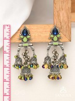 The Peacock Hues - Stone And Beads Enamelled Oxidised Earrings