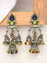 The Peacock Hues - Stone And Beads Enamelled Oxidised Earrings