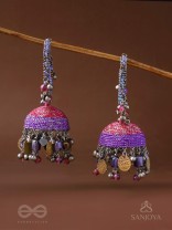 Dvibhat - The Twilight Tinkles - Resham, Coins And Beads Hand Embroidered Oxidised Jhumka Earrings