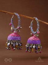 Dvibhat - The Twilight Tinkles - Resham, Coins And Beads Hand Embroidered Oxidised Jhumka Earrings