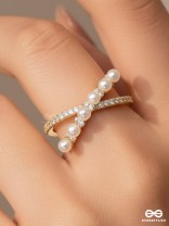 Crisscrossed Pearls - Golden Embellished Ring 
