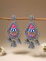 Kalatra- The Royal Citadel- Mirror, Resham And Beads Hand Embroidered Oxidised Earrings
