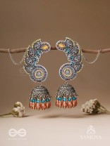 Kalaap- The Peacock's Tail- Beads And Glass Drops Hand Embroidered Oxidised Jhumka Earrings