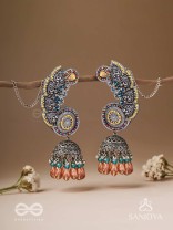 Kalaap- The Peacock's Tail- Beads And Glass Drops Hand Embroidered Oxidised Jhumka Earrings
