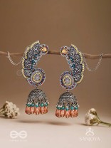 Kalaap- The Peacock's Tail- Beads And Glass Drops Hand Embroidered Oxidised Jhumka Earrings