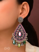 Abaddh - The Capricious Merries - Beads And Glass Drops Hand Embroidered Oxidised Earrings