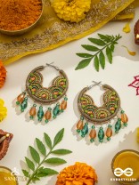 Kaldhvani - The Peacock Chirps - Stones, Beads And Glass Drops Hand Embroidered Hoop Earrings