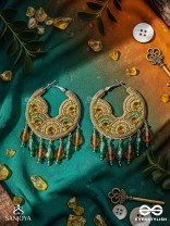 Kaldhvani - The Peacock Chirps - Stones, Beads And Glass Drops Hand Embroidered Hoop Earrings