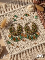 Kaldhvani - The Peacock Chirps - Stones, Beads And Glass Drops Hand Embroidered Hoop Earrings