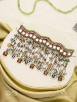 Dhaanshri- The Entrancing Music- Mirror, Beads And Coins Hand Embroidered Oxidised Choker Neckpiece