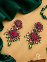 Ardramanjari - The Peony Cluster - Resham, Beads And Glass Drops Hand Embroidered Earrings