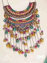 Kvan - The Layered Chimes - Resham, Beads, Coins And Glass Drops Hand Embroidered Oxidised Neckpiece