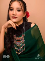 Kvan - The Layered Chimes - Resham, Beads, Coins And Glass Drops Hand Embroidered Oxidised Neckpiece