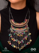 Kvan - The Layered Chimes - Resham, Beads, Coins And Glass Drops Hand Embroidered Oxidised Neckpiece