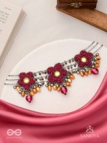Sumanas - The Burgundy Flowers - Mirror, Resham, Dabka And Glass Drops Hand Embroidered Oxidised Choker Neckpiece