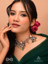 Bhramaparna - The Spell Of Stones - Stones, Mirror, Coins And Glass Drops Hand Embroidered Oxidised Choker Neckpiece