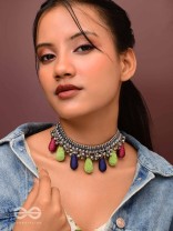 Drops Of Intricacy - Beads And Coins Oxidised Hand Embroidered Choker Neckpiece