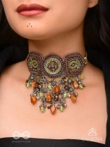 Adrikila - The Earth-Bound - Resham, Dabka And Glass Drops Hand Embroidered Oxidised Choker Neckpiece