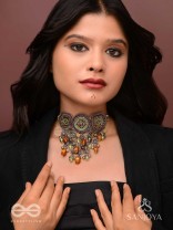 Adrikila - The Earth-Bound - Resham, Dabka And Glass Drops Hand Embroidered Oxidised Choker Neckpiece