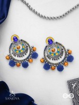 Manishyam - The Sapphire Radiance - Stone, Resham And Beads Hand Embroidered Enamelled Oxidised Earrings