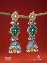 Aranyaj - Song Of The Forest - Beads, Dabka And Coins Hand Embroidered Oxidised Jhumka Earrings