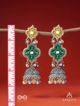 Aranyaj - Song Of The Forest - Beads, Dabka And Coins Hand Embroidered Oxidised Jhumka Earrings