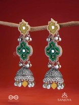 Aranyaj - Song Of The Forest - Beads, Dabka And Coins Hand Embroidered Oxidised Jhumka Earrings