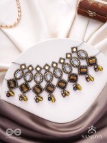 Haridhumra- The Amber Chestnut - Stones, Beads, Coins And Glass Drops Hand Embroidered Oxidised Neckpiece