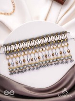 Gaaniya - The Musical Coast - Shells, Coins, Beads And Glass Drops Hand Embroidered Oxidised Choker Neckpiece