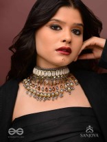 Gaaniya - The Musical Coast - Shells, Coins, Beads And Glass Drops Hand Embroidered Oxidised Choker Neckpiece