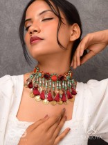 Anuragini - The Windy Music - Stones, Resham And Coins Hand Embroidered Oxidised Choker Neckpiece