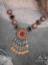 Arthanvit - The Spheres Of Wealth - Beads, Stones And Coins Hand Embroidered Oxidised Neckpiece