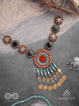 Arthanvit - The Spheres Of Wealth - Beads, Stones And Coins Hand Embroidered Oxidised Neckpiece
